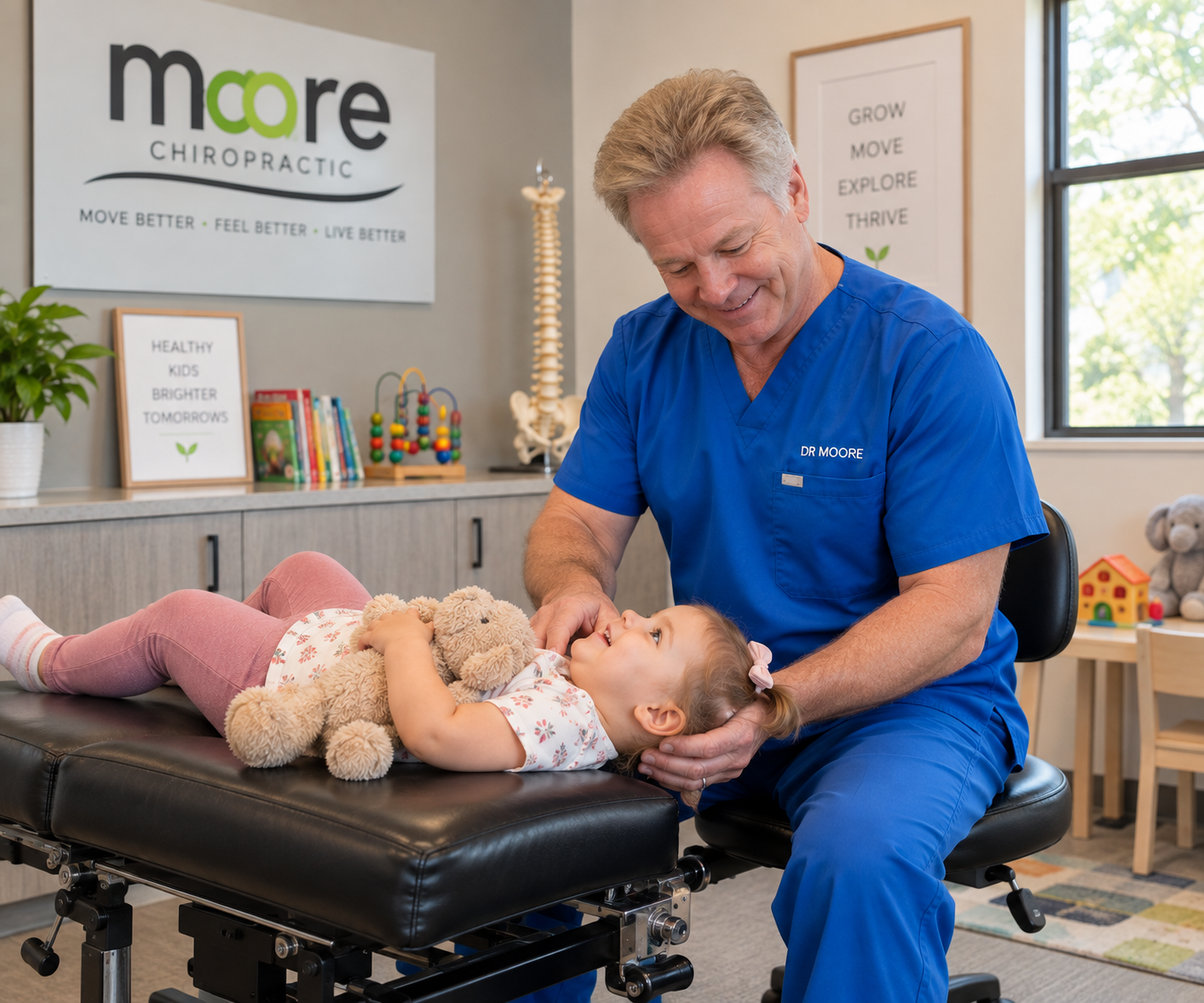 Dr. Andrew Moore gently evaluating a toddler at Moore Chiropractic in San Antonio