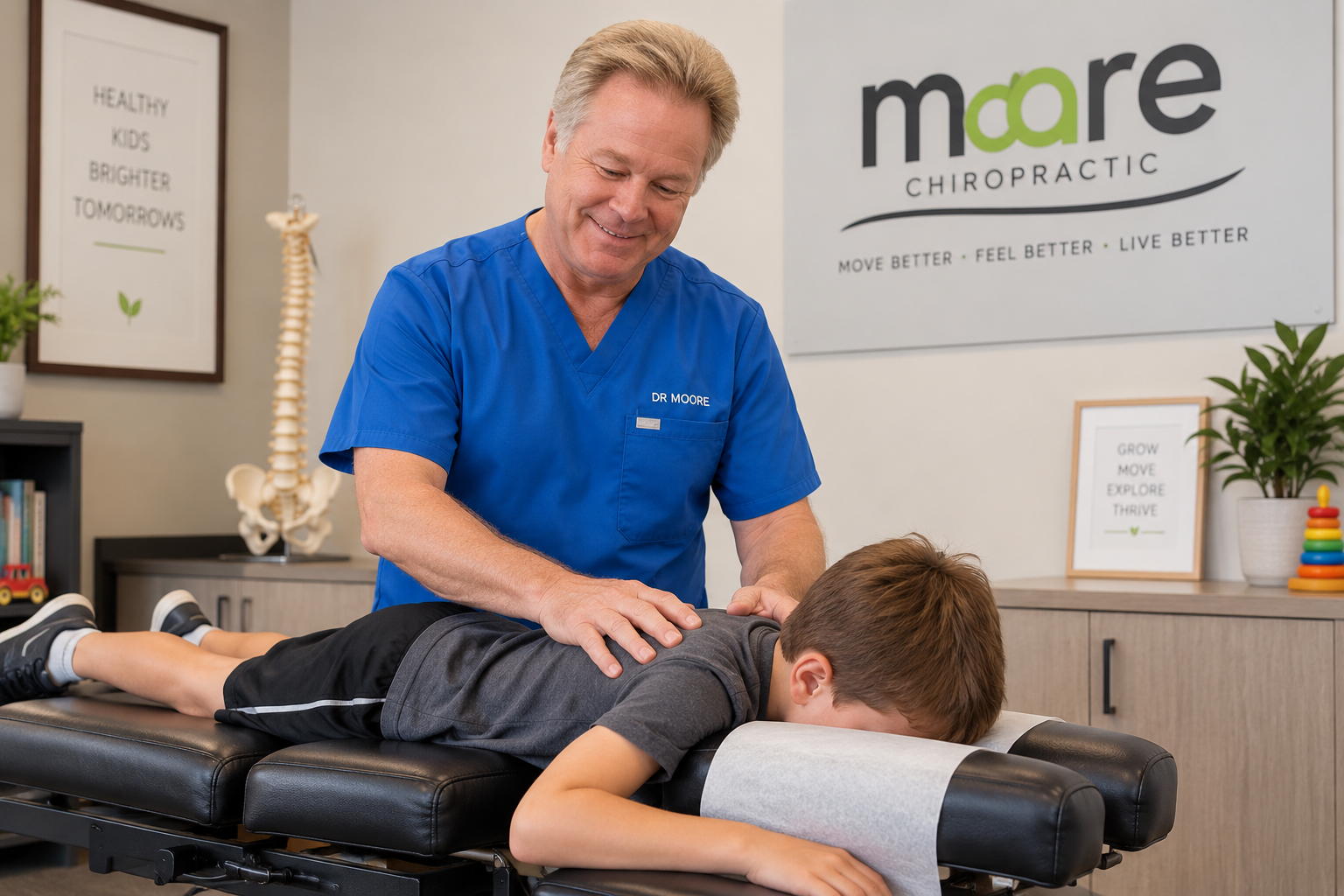 Dr. Andrew Moore providing age-appropriate chiropractic care to a young patient in San Antonio