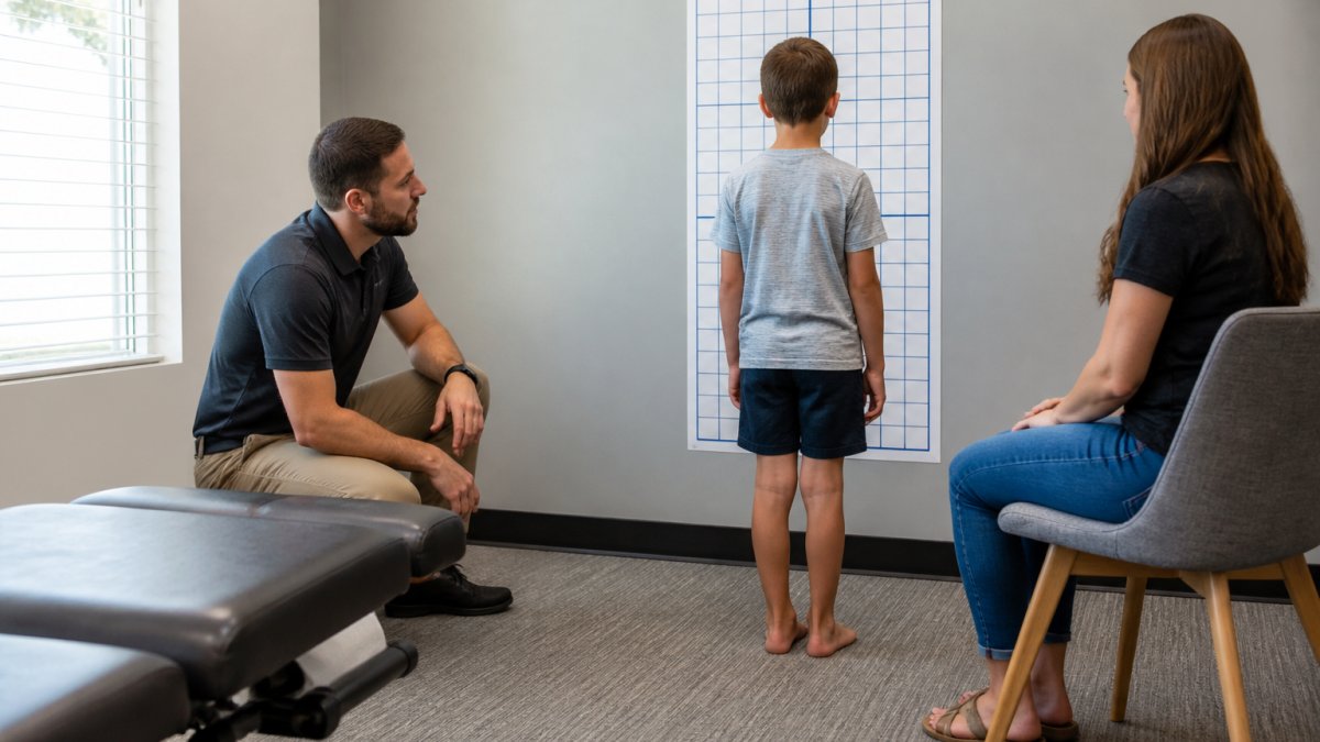 Chiropractor evaluating a child's childhood posture against a wall grid while a parent watches nearby