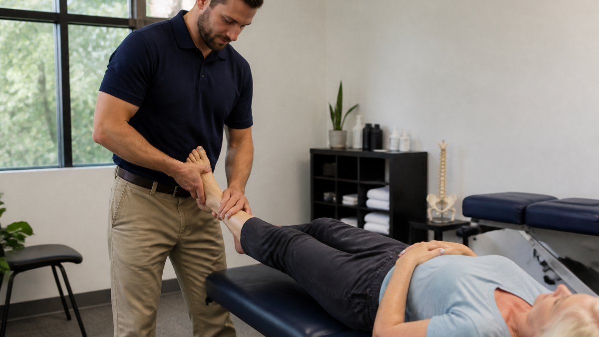 A chiropractor gently adjusting a patient's ankle on a treatment table in a bright, clean clinic room, with the patient relaxed and calm