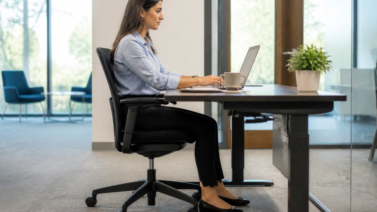 Person sitting with correct chiropractic care posture at a desk with an eye-level laptop and feet flat on the floor