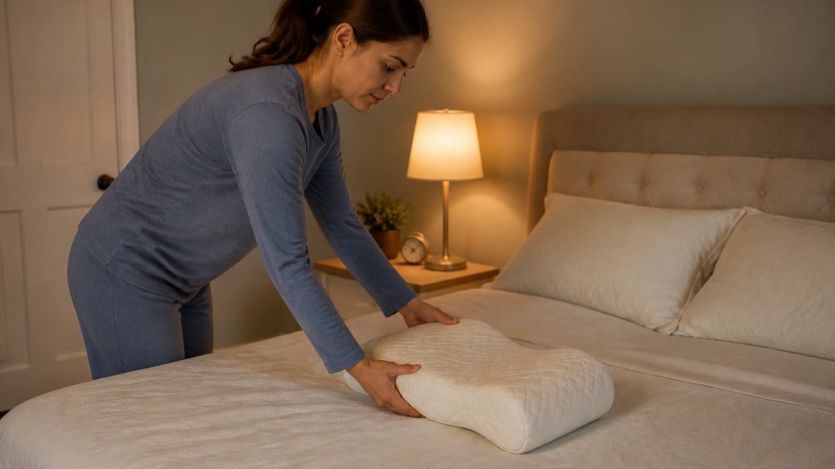 A person in comfortable sleepwear arranging a pillow under their knees on a neatly made bed in a calm, softly lit bedroom with a warm lamp on the nightstand