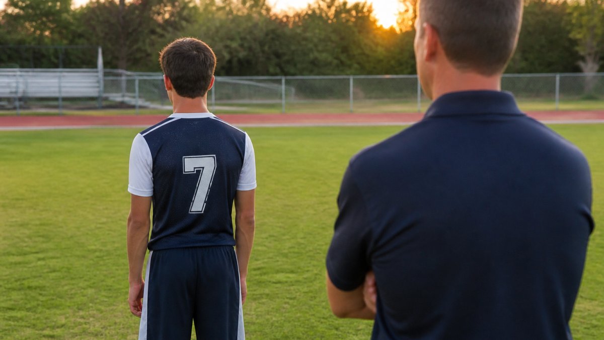 A high school athlete in a San Antonio sports uniform standing on a field, with a parent or coach observing their posture from behind in late afternoon light